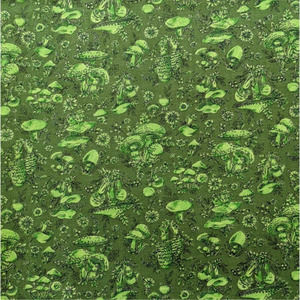 Vintage 70's Mushroom Fabric, Avocado Green Funky Trippy Mushroom Calico Print